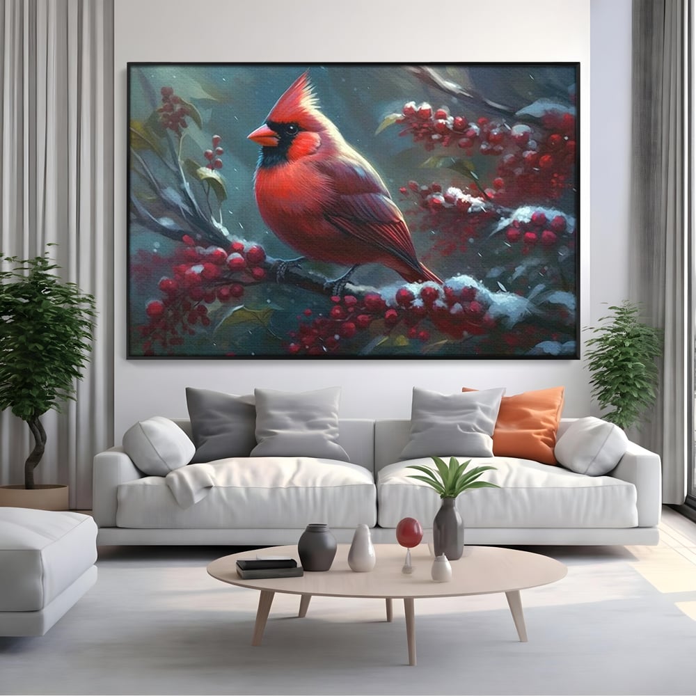Tablou canvas cu tablou canvas cu pasare cardinal pe ramura inzapezita, in rama de aluminiu negru, pe perete intr-un living